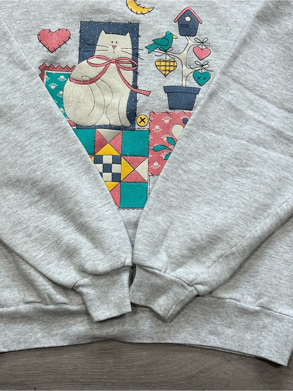 Vtg 90s Gopher Sport Cat Quilt Patchwork Sweater Gray Pink Double Collar Large - Picture 4 of 9